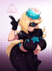 black_gloves black_pants black_shirt blonde_hair blue_hat blue_leaf blue_panties blue_shiso_leaf breasts callie_(octo_idol_outfit)_(splatoon) callie_(splatoon) collar cosplay cowboy_shot crop_top feet_out_of_frame fish_(food) food food_on_head gloves hair_over_one_eye hat hypnoshades_(splatoon) large_breasts leaning_forward little123blood long_hair mario_(series) midriff nintendo object_on_head octopus_sashimi official_alternate_costume padded_shoulders pale_skin panties pants panty_straps puffy_short_sleeves puffy_sleeves rosalina sashimi shirt short_sleeves simple_background smile spiked_collar spikes splatoon_(series) splatoon_2 studded_collar sunglasses super_mario_galaxy swept_bangs tight_clothes tight_pants underboob underwear wide_hips