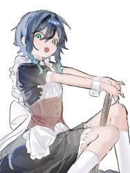 1boy alternate_costume apron aqua_eyes aqua_hair back_bow black_dress black_hair bow braid dress genshin_impact gradient_hair kneehighs looking_at_viewer maid maid_apron male_focus multicolored_hair napddk34 open_mouth simple_background sitting socks solo twin_braids venti_(genshin_impact) white_background white_socks white_wrist_cuffs wrist_cuffs