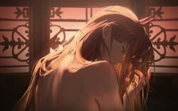 1girl backlighting chainsaw_man dim_lighting from_behind hair_behind_ear half-closed_eyes hand_in_own_hair highres horns kozzz_y long_hair looking_at_hand messy_hair nape nude orange_hair portrait power_(chainsaw_man) red_horns solo