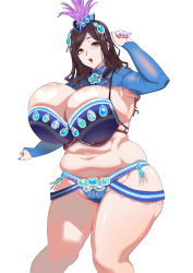 1girl arm_up bikini blue_bikini blue_hat blue_nails blue_shrug breasts bridal_gauntlets brown_eyes brown_hair carnival cleavage facial_mark gem hair_ornament hat hat_feather huge_breasts jewelry lips long_hair mature_female mini_hat navel open_mouth original pearl_(gemstone) plume plump pokkora shrug_(clothing) skindentation solo standing swimsuit thick_thighs thighs white_background wide_hips