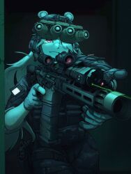 1girl absurdres ammunition_pouch animal_ears ar-15 assault_rifle bear_ears bear_girl bulletproof_vest camouflage camouflage_pants camouflage_shirt combat_helmet commentary earmuffs english_commentary epakim gloves green_theme gun hair_between_eyes headset helmet highres holding holding_gun holding_weapon long_hair long_sleeves magazine_(weapon) night_vision night_vision_device original pants parted_lips partially_fingerless_gloves patch pouch rifle scope shirt sleeves_rolled_up smile solo very_long_hair weapon