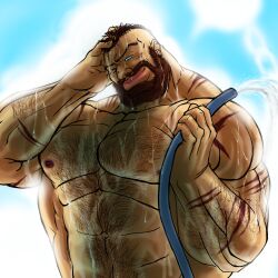 Rule 34 | abs, bara, beard, blue eyes, body hair, broad shoulders, brown hair, chest hair, facial hair, full beard, hand on own head, hose, multiple scars, muscular, muscular male, nipples, royal hitsuji, scar, seductive smile, smile, street fighter, upper body, wet, wet hair, zangief