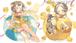 1girl ;o animal_ears apron banana banana_print bare_arms bare_legs bare_shoulders barefoot black_dress black_footwear blue_innertube boots bow bow_legwear bowtie brown_bow brown_eyes brown_hair brown_thighhighs buttons colored_eyelashes commentary commission dog_ears dog_girl dress eyewear_on_head floppy_ears food food_print frilled_one-piece_swimsuit frills fruit fruit_print full_body gloves hand_on_own_cheek hand_on_own_face hand_on_own_stomach highres light_blush maid medium_dress multicolored_hair multiple_views nomi_tongxue on_innertube one-piece_swimsuit one_eye_closed open_mouth original outline oversized_object parted_lips pink_bow pink_bowtie pink_ribbon ribbon rubber_duck sample_watermark shirt sitting smile soles streaked_hair sunglasses swimsuit symbol-only_commentary thigh_strap thighhighs toes torn_clothes torn_thighhighs two-tone_innertube watermark weibo_watermark white_apron white_gloves white_hair white_innertube white_shirt wrist_bow yellow_bow yellow_one-piece_swimsuit yellow_outline