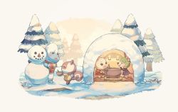 1boy 3girls :3 :q ^_^ animal_crossing black_eyes bowl bree_(animal_crossing) candle closed_eyes commentary dress flurry_(animal_crossing) furry furry_female furry_male green_eyes green_hair hans_(animal_crossing) highres holding holding_bowl igloo multiple_girls nintendo pine_tree pot saino_misaki sleeveless sleeveless_dress smile snow snow_shelter snowman standing stove sylvana_(animal_crossing) symbol-only_commentary tongue tongue_out tree winter