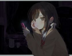 1girl blush bow bowtie braid brown_eyes brown_hair cellphone chair closed_mouth collared_shirt hair_ribbon head_rest highres holding holding_phone long_sleeves phone project_sekai ribbon school_uniform shinonome_ena shirt short_hair sleeves_past_wrists smartphone solo sweater upper_body zhangyuan0304