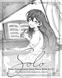 1girl blush collared_shirt copyright_name grand_piano greyscale hair_ornament hairclip highres holding holding_pencil instrument long_hair mari_(faraway)_(omori) mari_(omori) monochrome official_art omocat omori open_mouth pencil piano piano_bench sheet_music shirt short_sleeves sitting skirt smile solo