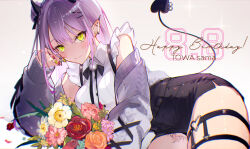 1girl barbell_piercing blush bouquet character_name closed_mouth commentary demon_horns demon_tail ear_piercing earclip earrings flower hair_ornament hairpin happy_birthday heart heart_o-ring highres hololive horns industrial_piercing jewelry leg_tattoo looking_at_viewer multicolored_nails o-ring o-ring_thigh_strap piercing pink_nails purple_hair sai_(saiqun_31) simple_background solo stud_earrings tail tail_ornament tail_ring tattoo thigh_strap tokoyami_towa tokoyami_towa_(jirai_kei) virtual_youtuber white_background yellow_eyes yellow_nails