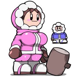 1boy 1girl :d black_eyes blue_jacket blush_stickers breasts brown_hair brown_mittens fur-trimmed_hood fur-trimmed_jacket fur-trimmed_sleeves fur_trim hammer holding holding_hammer hood hood_up ice_climber jacket large_breasts mittens name_omoitukan2 nana_(ice_climber) nintendo open_mouth pants pink_jacket pink_pants popo_(ice_climber) shadow short_hair simple_background smile standing white_background