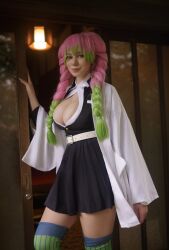 1girl alina_becker breasts brown_eyes cleavage cosplay demon_slayer_uniform female_focus green_eyes green_hair happy highres kanroji_mitsuri kanroji_mitsuri_(cosplay) kimetsu_no_yaiba large_breasts long_hair looking_at_viewer multicolored_hair photo_(medium) pink_hair skirt smile solo thighs