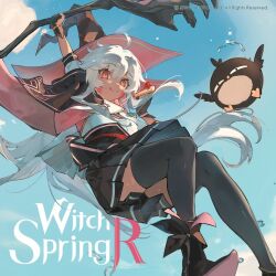 1girl :q ahoge animal_ears arm_up bird black_skirt black_thighhighs blue_sky boots cake cape dark_skin day facepaint food from_below hair_between_eyes hat holding holding_staff long_hair looking_at_viewer lop_rabbit_ears pieberry_(witch_springs) pleated_skirt rabbit_ears red_eyes shirt short_sleeves skirt sky smile solo staff thighhighs tongue tongue_out very_long_hair white_hair white_shirt witch_hat witch_springs