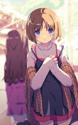 Rule 34 | 2girls, akayama yukihe, back-to-back, black dress, black thighhighs, blue eyes, blurry, blurry background, blush, bob cut, brown hair, brown shawl, commentary request, cowboy shot, depth of field, dress, eyes visible through hair, frown, hair between eyes, hands up, highres, kanon, long hair, long sleeves, looking at viewer, misaka kaori, misaka shiori, multiple girls, off-shoulder dress, off shoulder, own hands together, parted lips, photo background, plaid clothes, plaid shawl, shawl, short dress, short hair, siblings, sisters, sleeveless, sleeveless dress, sleeves past wrists, solo focus, standing, sweater, thighhighs, wavy hair, white sweater, zettai ryouiki
