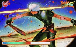 1boy abstract abstract_background armor belt black_border black_gloves black_pants blood blood_splatter border circle colorful cropped_legs dynamic_pose film_grain gloves glowing hair_over_eyes health_bar highres holding holding_sword holding_weapon male_focus original pants round_border solo spikes surreal sword umisida weapon white_hair