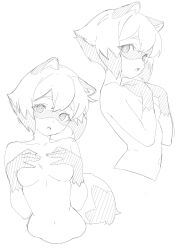 1girl animal_ears brand_new_animal breasts collarbone cropped_torso greyscale hands_on_own_chest hectorrambito highres kagemori_michiru looking_at_viewer monochrome multiple_views navel nude open_mouth raccoon_ears raccoon_girl raccoon_tail short_hair simple_background sketch small_breasts tail tanuki upper_body white_background