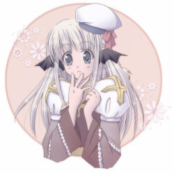 1girl arch_bishop_(ragnarok_online) bat_wings black_wings blush brown_cape brown_dress cape commentary_request cross dated_commentary dress flower grey_eyes grey_hair hands_up hat head_wings juliet_sleeves long_hair long_sleeves lowres open_mouth pink_background pink_flower puffy_sleeves ragnarok_online sharari solo two-tone_dress upper_body white_background white_dress white_hat wings