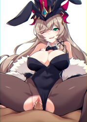 1boy 1girl absurdres bare_shoulders bow bowtie breasts brown_hair commission cum cum_overflow detached_collar elsword green_eyes hat hetero highres jo_an large_breasts leaning_back leotard lithia_beryl_(elsword) long_hair mischief_(elsword) one_eye_closed pantyhose pixiv_commission playboy_bunny pov sex spread_legs torn_clothes torn_pantyhose traditional_bowtie vaginal
