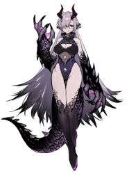 1girl animal_hands arm_at_side arm_up black_bra black_horns black_socks boots bra breasts cleavage cleavage_cutout clothing_cutout colored_tips crossed_legs cutout_above_navel dragon_tail fang fang_out flats full_body groin hair_between_eyes hair_over_one_eye half-closed_eyes hikimayu horns kneehighs lace lace_bra legs_together leotard long_hair medium_breasts monster_girl monster_hands multicolored_hair navel_cutout original parted_bangs pink_boots pointy_ears qin_(7833198) raised_eyebrows round_eyewear sketch smile socks solo spikes straight-on striped_horns sweater_guard tail tareme thighs underwear very_long_hair watson_cross webbed_hands