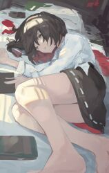 1girl bare_shoulders bed_sheet black_skirt brown_hair highres legs long_sleeves looking_at_viewer lying medium_hair necktie on_side sashimi_oniku shirt skirt solo thighs touhou undone_necktie usami_renko white_shirt yellow_eyes