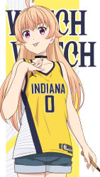 Rule 34 | 1girl, ahoge, bare shoulders, bell, black choker, blonde hair, breasts, choker, collarbone, highres, laofuzi dai bansho, long hair, looking at viewer, neck bell, purple eyes, short hair, small breasts, solo, standing, tank top, tongue, tongue out, very long hair, wakatsuki niko, wand, witch watch