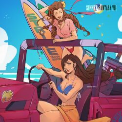 2girls aerith_gainsborough alteredbits alternate_costume aqua_sandals artist_name bare_arms bare_shoulders bikini blue_bikini blue_skirt braid braided_ponytail breasts brown_eyes buster_sword chocobo choker cleavage closed_eyes commentary crop_top driving earrings english_commentary falling_petals final_fantasy final_fantasy_vii flower hair_flower hair_ornament hair_ribbon hair_tie hand_in_own_hair highres jewelry large_breasts long_hair low-tied_long_hair medium_breasts midriff military_jeep moogle motor_vehicle multiple_girls navel open_mouth orange_sarong petals pink_ribbon pink_shirt red_bikini ribbon ribbon_choker sabotender sandals sarong shirt short_sleeves sidelocks single_braid skirt smile sticker surfboard swept_bangs swimsuit tifa_lockhart toeless_footwear toned toned_female upper_body yellow_flower yellow_petals