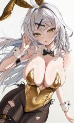 1girl absurdres alternate_costume animal_ears bare_shoulders black_bow black_bowtie black_pantyhose blush bow bowtie breasts cleavage collar collarbone commentary covered_navel detached_collar fake_animal_ears gold_leotard highres large_breasts leotard long_hair looking_at_viewer open_mouth pantyhose purple_eyes rabbit_ears simple_background solo strapless strapless_leotard torn_clothes torn_pantyhose very_long_hair white_background white_collar white_hair white_wrist_cuffs wrist_cuffs yellow_eyes yixuan_(zenless_zone_zero) zenless_zone_zero zzirit6
