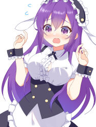 1girl animal_ears apron black_skirt black_wrist_cuffs blush bow breasts buttons center_frills cleavage collared_shirt commentary_request cowboy_shot d: dot_nose double-breasted dress dutch_angle fake_animal_ears fleur_de_lapin_uniform flying_button frilled_dress frilled_hairband frills furrowed_brow gochuumon_wa_usagi_desu_ka? hair_between_eyes hairband hands_up highres kina_kinako large_breasts long_eyelashes long_hair looking_at_self looking_down lop_rabbit_ears maid maid_apron maid_headdress medium_eyebrows open_mouth popped_button purple_hair rabbit_ears shirt short_sleeves shoulder_strap simple_background skirt solo tedeza_rize underbust very_long_hair wavy_mouth white_apron white_background white_bow white_shirt wrist_cuffs