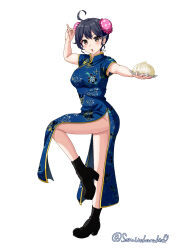 1girl absurdres ahoge alternate_costume alternate_hairstyle black_boots blue_dress boots bun_cover china_dress chinese_clothes commentary_request dress fighting_stance floral_print food full_body highres holding holding_food kantai_collection panties short_hair simple_background solo sorairo_haruka standing standing_on_one_leg steamed_bun twitter_username underwear ushio_(kancolle) white_background white_panties