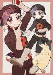 1boy :o animal_ears backwards_hat belt black_hat black_pants black_shirt blush blush_stickers border clothed_pokemon commentary_request creatures_(company) ethan_(pokemon) game_freak gen_2_pokemon gloves great_ball grey_eyes grey_hair hand_on_own_chin hat highres holding holding_poke_ball long_sleeves male_focus mikakami1e nintendo pants poke_ball poke_ball_(basic) pokemon pokemon_(creature) pokemon_hgss quilava red_border red_eyes shirt short_hair simple_background smile sparkle team_rocket team_rocket_uniform white_background white_belt white_gloves