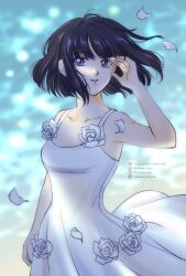 1girl armpits bare_shoulders bishoujo_senshi_sailor_moon black_hair blunt_bangs blunt_ends collarbone dress highres jewelry koya purple_eyes short_hair solo tomoe_hotaru white_dress