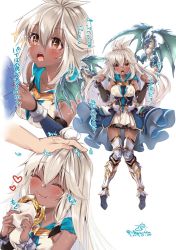 1girl 218 ahoge armor armored_boots armored_dress blue_dress blush boots breasts closed_mouth commentary_request dark-skinned_female dark_skin dragon dress eating closed_eyes food granblue_fantasy hair_between_eyes happy long_hair looking_at_viewer medium_breasts multiple_views open_mouth orange_eyes thighhighs translation_request very_long_hair white_hair zooey_(granblue_fantasy)