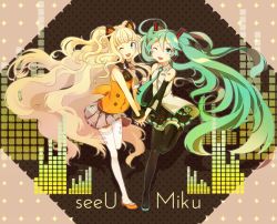 2girls bad_id bad_pixiv_id blonde_hair boots character_name detached_sleeves green_eyes green_hair holding_hands hatsune_miku long_hair multiple_girls necktie open_mouth seeu skirt standing standing_on_one_leg thigh_boots thighhighs twintails very_long_hair vocaloid wink yamaha yult