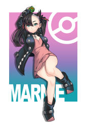 Rule 34 | 1girl, absurdres, arms up, black boots, black choker, black hair, black jacket, black nails, boots, border, character name, choker, closed mouth, dress, dusk ball, earrings, green eyes, hair ribbon, highres, holding, holding poke ball, jacket, jewelry, long hair, marnie (pokemon), nintendo, open clothes, open jacket, panties, panty peek, pink dress, poke ball, poke ball symbol, pokemon, pokemon swsh, ribbon, rockman932, single earring, solo, stud earrings, thighs, twintails, underwear, white border