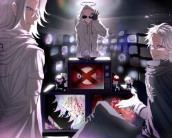Rule 34 | 3boys, adachi rwcc, ahoge, aotsuki eito, black cloak, black gloves, black hairband, black halo, black hat, black streaks, blonde hair, blood, blood on hands, bloody tears, blue hair, character doll, cloak, commentary, crt, doll, eyeball, ginzaki shouma, glasses, gloves, green hat, grey hair, hairband, halo, hat, highres, holding eyeball, jacket, kawana tsubasa, kirifuji nozomi, looking at viewer, looking back, male focus, maruko gaku, mojiro moko, monster, multicolored hair, multiple boys, multiple persona, omokage yugamu, pink hair, purple eyes, purple hair, red hair, shizuhara hiruko, short hair, streaked hair, sumino takumi, sunglasses, symbol-only commentary, television, the hundred line -last defense academy-, tsukumo ima, tsukumo kako, white hat, white jacket, x