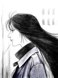 1girl black_hair cropped_torso greyscale highres jacket long_hair looking_to_the_side monochrome original portrait solo tp_p_pt turtleneck white_background