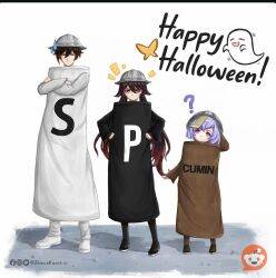 1boy 2girls ? alternate_costume crossed_arms genshin_impact happy_halloween hu_tao_(genshin_impact) multiple_girls pepper_shaker qiqi_(genshin_impact) reddit salt spices white_background zhongli_(genshin_impact)