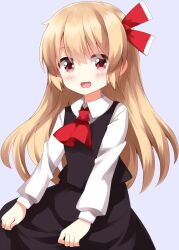 Rule 34 | 1girl, :d, alternate hair length, alternate hairstyle, ascot, black skirt, black vest, blonde hair, blush, collared shirt, commentary, cowboy shot, grey background, hair ribbon, highres, long hair, long sleeves, looking at viewer, open mouth, red ascot, red eyes, red ribbon, ribbon, rumia, ruu (tksymkw), shirt, simple background, skirt, skirt set, smile, solo, touhou, vest, white shirt