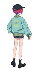 1girl amate_yuzuriha baseball_cap boots from_behind full_body gundam gundam_gquuuuuux hat highres jacket official_art red_hair short_hair shorts solo transparent_background