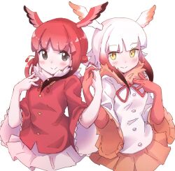 Rule 34 | 2girls, bird girl, bird wings, black eyes, elbow gloves, feathered wings, gloves, head wings, jacket, japanese crested ibis (kemono friends), kemono friends, long hair, looking at viewer, lowlandgorilla, multiple girls, neck ribbon, red gloves, red hair, red jacket, red skirt, ribbon, scarlet ibis (kemono friends), simple background, skirt, white hair, white jacket, white skirt, wings, yellow eyes