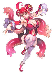 1girl ahoge armpits blush boots breasts cleavage eye_blush f.s. female_focus highres horizontal_pupils knee_blush large_breasts monster_girl nose_blush octopus_girl original plump red_hair scylla solo tentacles thighhighs yellow_eyes