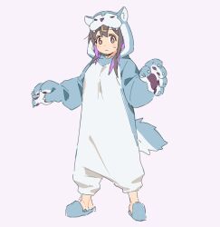 1girl animal_costume animal_ears animal_hands black_hair brown_eyes closed_mouth commentary_request cosplay crocs fake_animal_ears fake_tail full_body gloves grey_background hair_between_eyes hair_ornament hairclip highres hood hood_up karubi_(karubi465558) long_hair looking_at_viewer multicolored_hair no_socks onesie onii-chan_wa_oshimai! oyama_mahiro oyama_mahiro_(cosplay) oyama_mihari paw_gloves purple_hair simple_background solo standing sweatdrop tail two-tone_hair wolf_costume wolf_ears wolf_hood wolf_tail