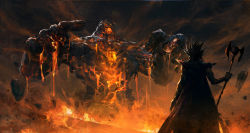 1other 2boys absurdres ambiguous_gender cage cape chinese_commentary duel_monster falling_rock from_behind hands_up highres holding holding_staff lava_golem_(yu-gi-oh!) leo-dont-want-to-be-a-painter millennium_rod lava multiple_boys open_mouth overcast sky spiked_hair staff vambraces white_hair yami_marik yu-gi-oh! yu-gi-oh!_duel_monsters