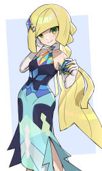 1girl beast_ball blonde_hair commentary_request dress elbow_gloves gloves gonzarez green_eyes hair_over_one_eye highres long_hair lusamine_(pokemon) lusamine_(sygna_suit)_(pokemon) nintendo official_alternate_costume official_alternate_hairstyle poke_ball pokemon pokemon_masters_ex solo very_long_hair white_gloves