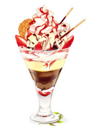 1girl albino bad_id bad_pixiv_id cup expressionless female_focus food fruit glass ice_cream in_container in_cup in_food mini_person minigirl original parfait pocky red_eyes shoes short_hair solo strawberry suono waffle white_background white_hair