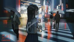 Rule 34 | 1girl, black hair, black skirt, blurry, blurry background, catzz, city, cityscape, commentary request, crosswalk, from side, grey eyes, highres, holding, holding umbrella, long hair, night, original, outdoors, people, pleated skirt, profile, rain, road, scenery, school uniform, shirt, short sleeves, skirt, solo focus, standing, straight hair, street, transparent, transparent umbrella, umbrella, white shirt, wide shot