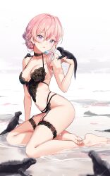 1girl animal animal_request bare_arms bare_shoulders barefoot black_bra black_panties blue_hair bra breasts cleavage commentary flower hair_between_eyes hair_flower hair_ornament hair_over_shoulder hand_up highres long_hair looking_at_viewer low_ponytail medium_breasts multicolored_hair navel original panties pink_flower pink_hair ponytail purple_eyes rimuu shallow_water skindentation soles solo streaked_hair symbol-only_commentary underwear water