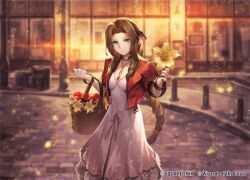 Rule 34 | 1girl, aerith gainsborough, braid, braided ponytail, brown hair, cropped jacket, dress, final fantasy, final fantasy vii, flower basket, jacket, long dress, looking at viewer, magic: the gathering, nakamura eight, official art, parted bangs, pink dress, red jacket, road, solo, standing, street