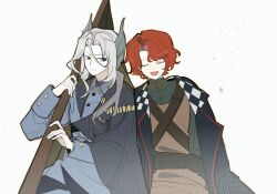 Rule 34 | 2girls, black cape, black coat, black eyes, blue jacket, bobodoki, brown dress, cape, closed eyes, closed mouth, coat, dress, grey hair, gun, hair ornament, hand up, highres, holding, holding gun, holding weapon, jacket, leaning on person, leaning to the side, long hair, looking at another, looking to the side, marsha (reverse:1999), multiple girls, open mouth, red hair, reverse:1999, rifle, sentinel (reverse:1999), shoulder belt, smile, upper body, weapon, white background