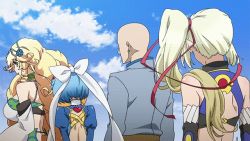 10s 1boy 3girls animated animated_gif bald blonde_hair blue_hair breasts cleavage cloud closed_eyes facing_viewer limalisha looking_at_viewer ludmila_lourie madan_no_ou_to_vanadis multiple_girls screencap sky sofya_obertas