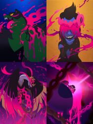 absurdres artist_name black_sclera blue_background chain claws colored_sclera commentary_request covered_eyes fezandipiti flying glowing grin hand_on_own_chin highres munkidori nintendo no_humans okidogi open_mouth pecharunt poison pokemon pokemon_(creature) pokemon_focus purple_background red_eyes sharp_teeth smile teeth tenebscuro tongue tongue_out white_eyes wings yellow_background yellow_eyes