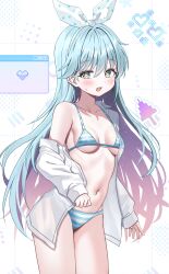 Rule 34 | 1girl, artist request, bikini, blue bikini, blue eyes, blue hair, blush, breasts, colored inner hair, commentary request, commission, cowboy shot, hair between eyes, highres, korean commentary, long hair, looking at viewer, medium breasts, multicolored hair, navel, open mouth, original, purple hair, second-party source, see-through clothes, see-through shirt, shirt, single off shoulder, solo, star-shaped pupils, star (symbol), stomach, striped bikini, striped clothes, swimsuit, symbol-shaped pupils, white bikini, white shirt