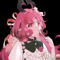 1girl arknights black_background bright_pupils closed_mouth commentary diamond-shaped_pupils diamond_(shape) fork holding holding_fork long_hair looking_at_viewer nymph_(arknights) pink_eyes pink_hair pointy_ears sanqianqianqianqian_w shirt simple_background smile solo spoon symbol-shaped_pupils upper_body white_pupils white_shirt